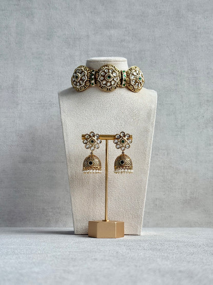 Ayura Designs Tanu Choker Set – Antique Gold Choker & Jhumkis with Ruby & Emerald Kundan and Pearl Borders