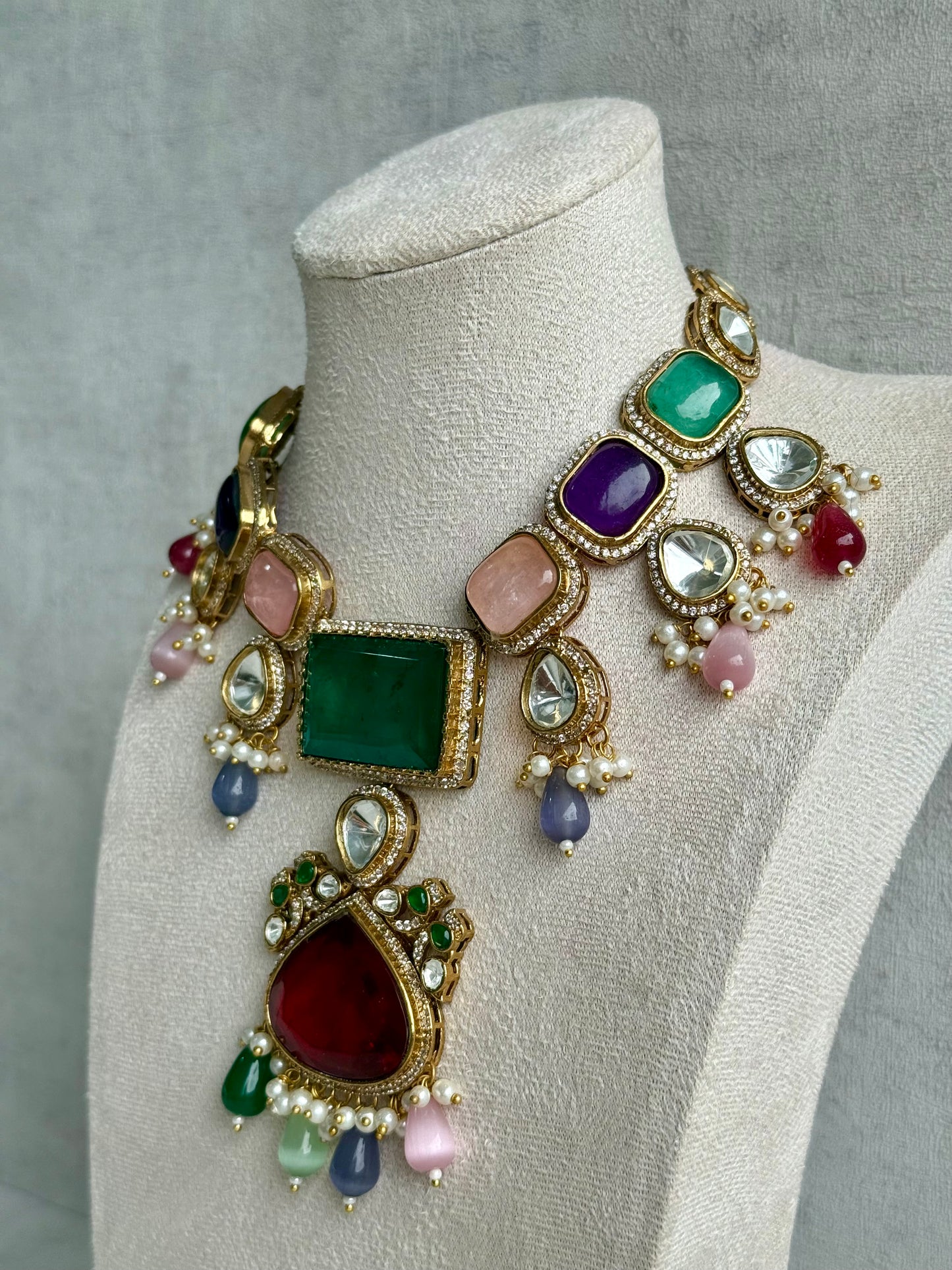 Ayura Designs Lara Set – Statement Multicolour Necklace, Earrings & Tikka with Ruby, Emerald & Pastel Beads