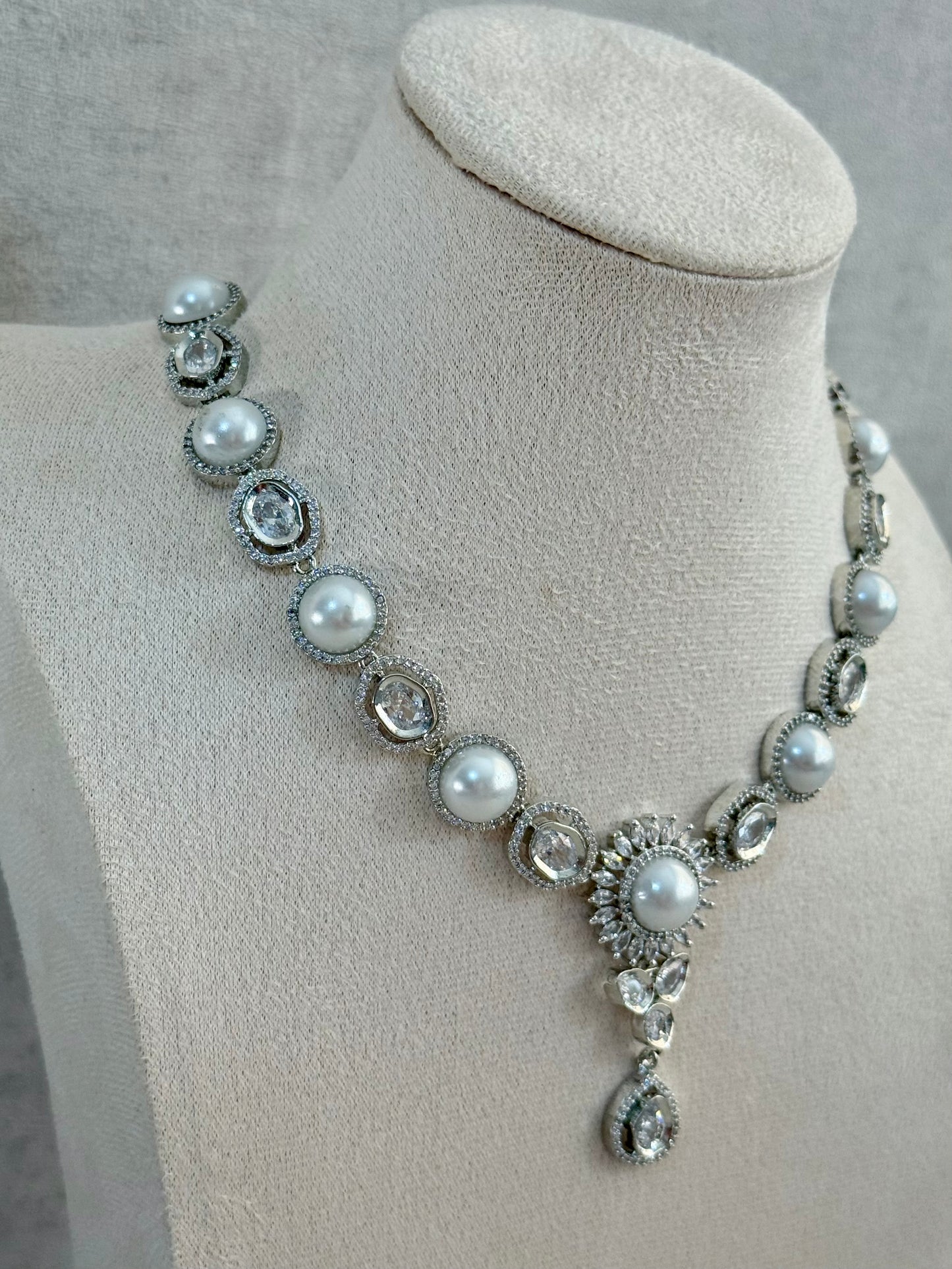 Ayura Designs Tilly Set with Necklace & Earrings – Pearl Centre with Crystal Halo Detailing in Silver Finish