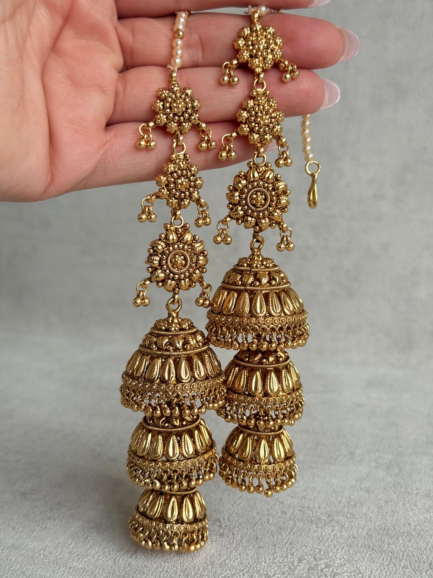 Ayura Designs Preet Sahare Jhumkis – Antique Gold Finish with Triple Dome Design