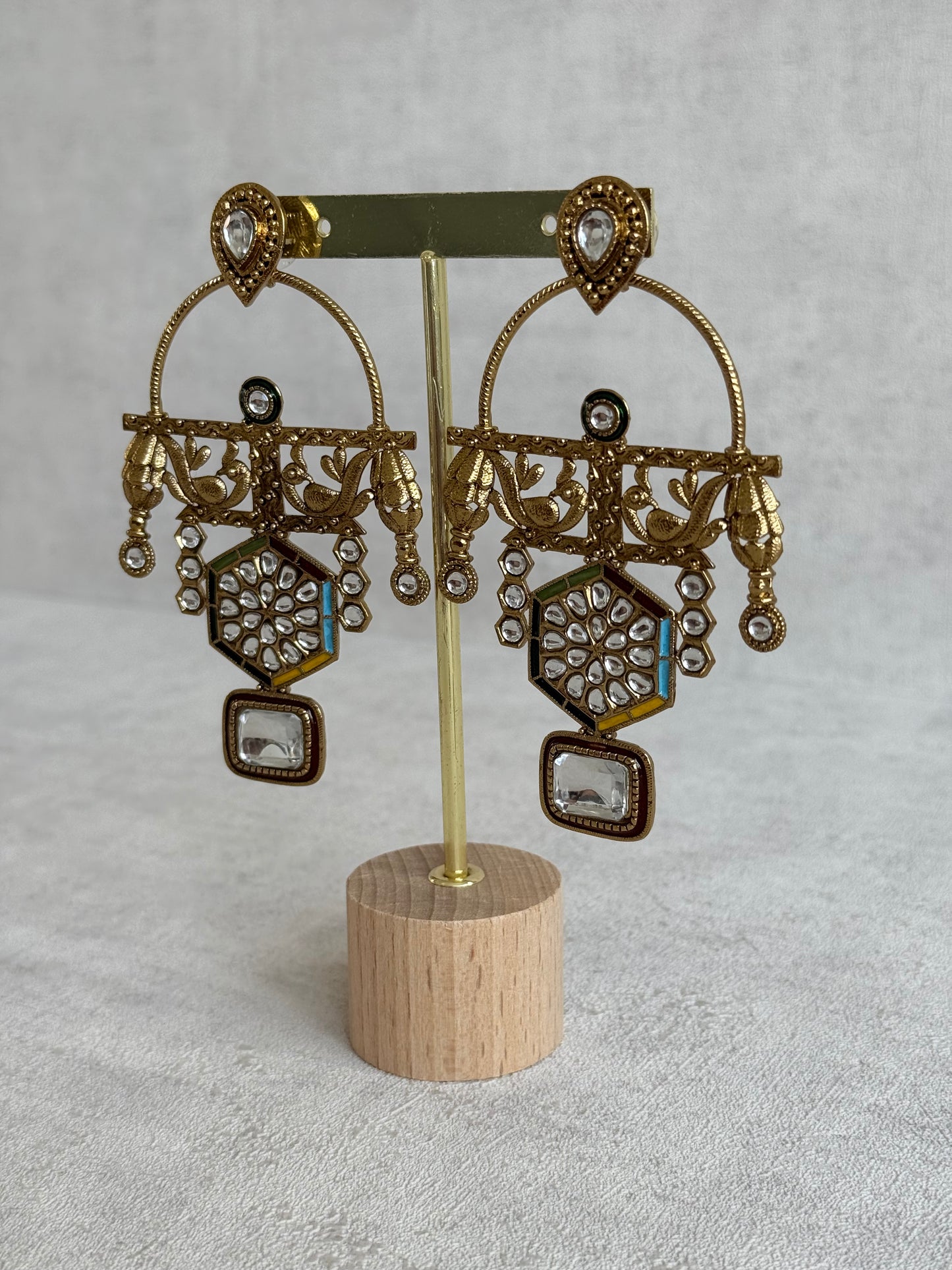 Ayura Designs Irene Earrings – Multicolour Kundan, Meenakari & Crystal Peacock Chandeliers in Gold