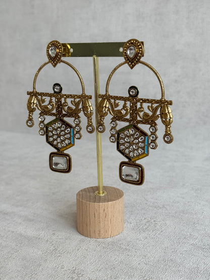 Ayura Designs Irene Earrings – Multicolour Kundan, Meenakari & Crystal Peacock Chandeliers in Gold