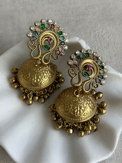 Ayura Designs Moraya Jhumkis – Multicolour Peacock Motif with Antique Gold Detailing