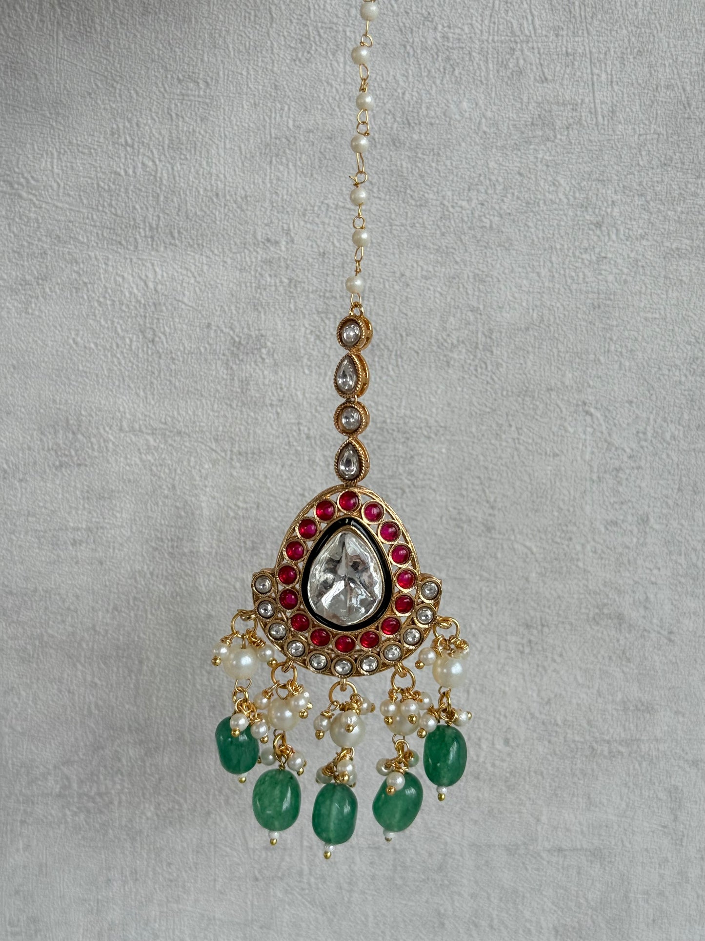 Ayura Designs Eesha Set with Necklace, Earrings & Tikka – Multicolour Stones with Kundan Detailing, Emerald Green Beads & Pearl Drops