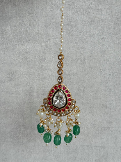 Ayura Designs Eesha Set with Necklace, Earrings & Tikka – Multicolour Stones with Kundan Detailing, Emerald Green Beads & Pearl Drops