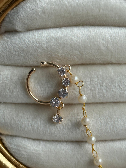 Ayura Designs Sia Nose Ring – Crystal-Studded Adjustable Ring with Pearl Chain