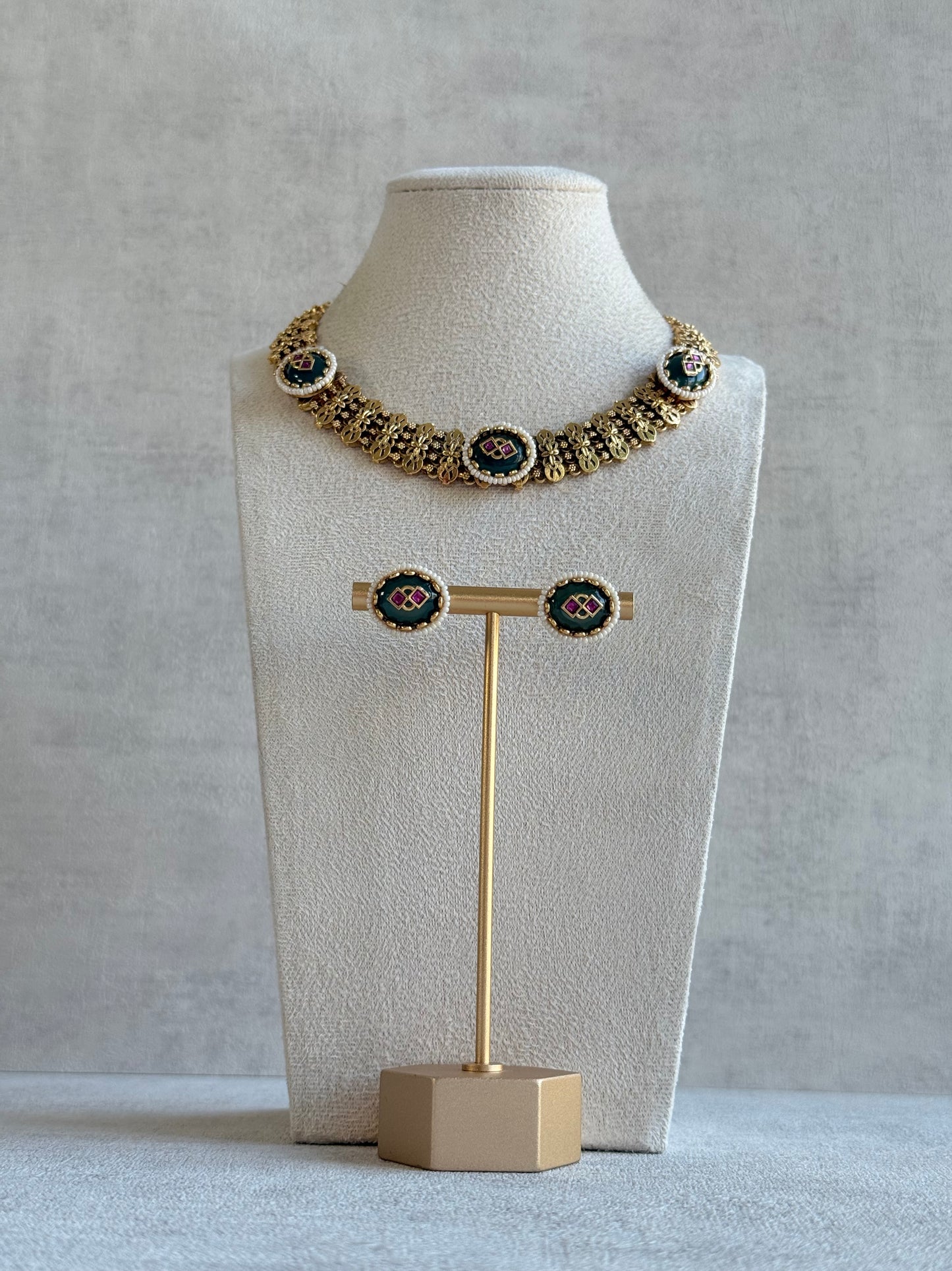Ayura Designs Lajita Necklace Set with Stud Earrings – Emerald Green & Rani Pink with Pearl & Statement Floral Link Design