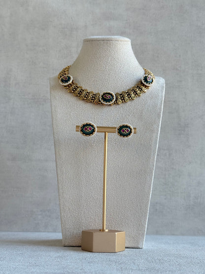 Ayura Designs Lajita Necklace Set with Stud Earrings – Emerald Green & Rani Pink with Pearl & Statement Floral Link Design