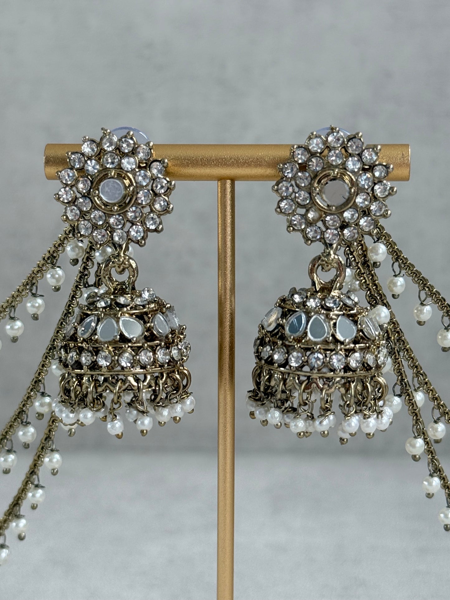 Ayura Designs Aks-e-Noor Jhumkis – Antique Gold Mirror & Crystal Earrings with Detachable Triple-Layer Pearl Sahare