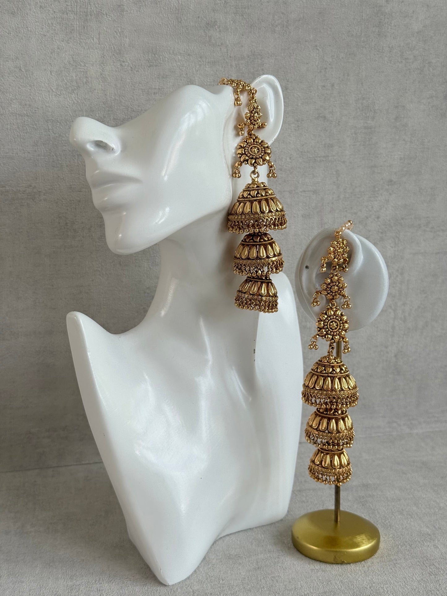 Ayura Designs Preet Sahare Jhumkis – Antique Gold Finish with Triple Dome Design