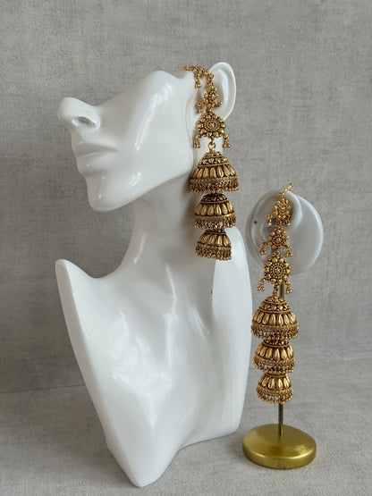 Ayura Designs Preet Sahare Jhumkis – Antique Gold Finish with Triple Dome Design