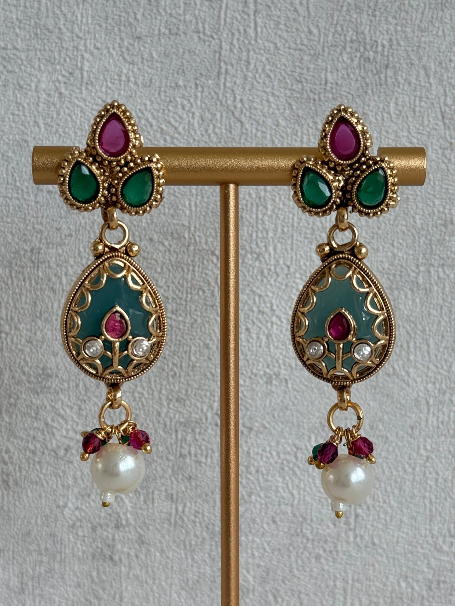 Ayura Designs Lamees Necklace Set with Earrings – Green Enamel, Emerald Green & Ruby Pink Stones with Pearl Drops