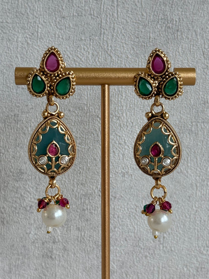 Ayura Designs Lamees Necklace Set with Earrings – Green Enamel, Emerald Green & Ruby Pink Stones with Pearl Drops