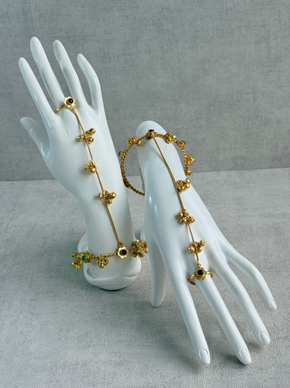 Ayura Designs Kajri Haathphool Set of 2 – Gold Tone Floral Hand Harness with Multicolour Stones & Ghungroo Detailing
