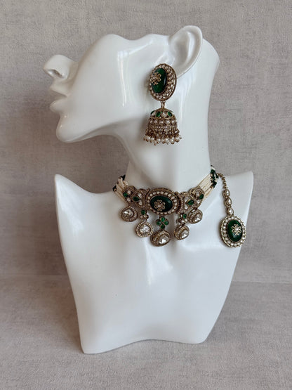 Ayura Designs Myra Choker Set with Earrings & Tikka – Emerald Green Kundan & Pearl Detailing