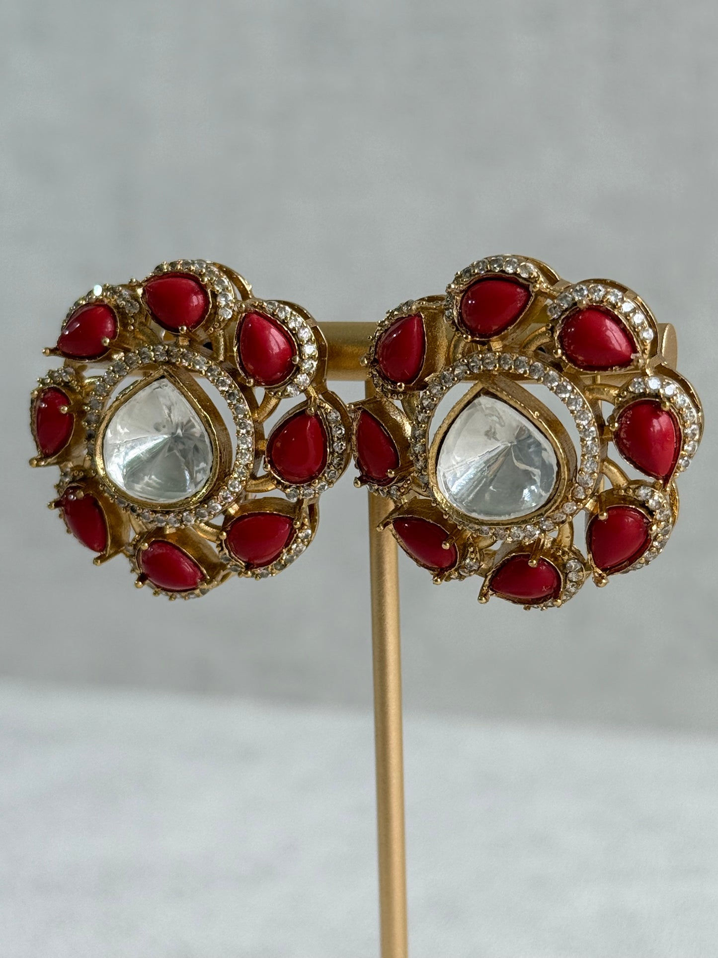 Ayura Designs Giana Stud Earrings – Ruby Red & Crystal Kundan with Gold Finish