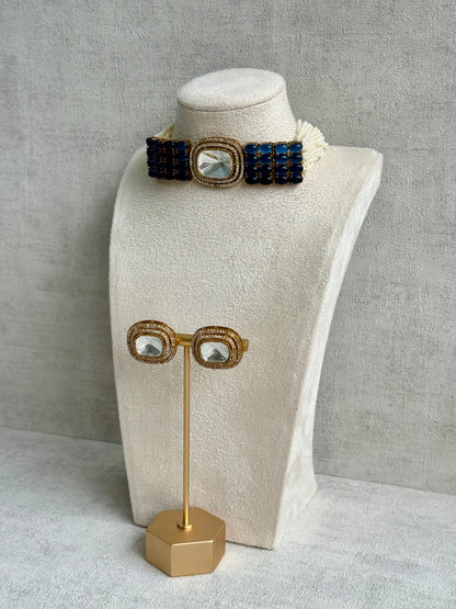 Ayura Designs Emma Choker Set – Sapphire Blue Gemstone Choker & Studs with Mirror-Cut Centrepiece, Pearl Strands & Crystal Borders