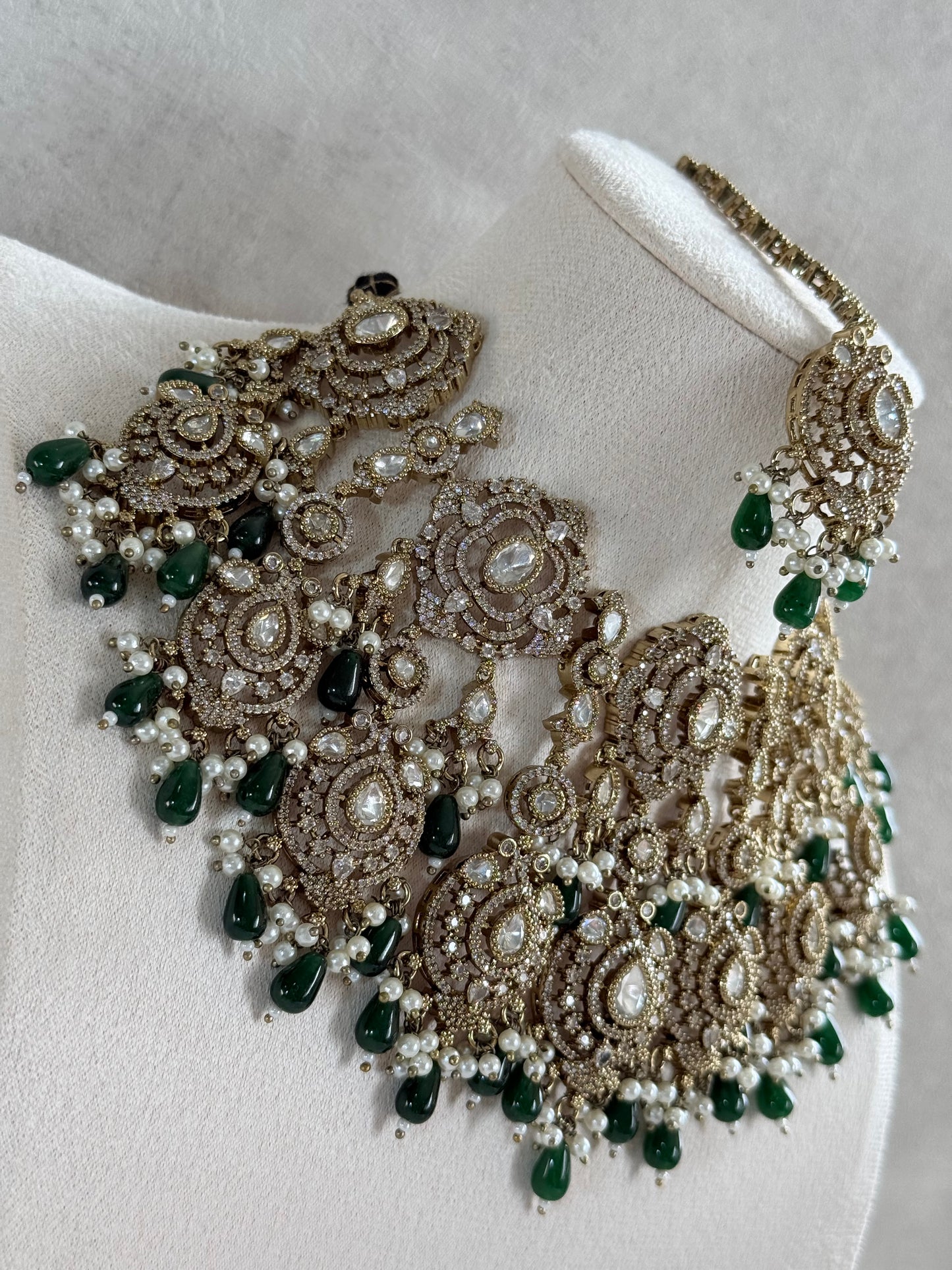 Ayura Designs Fazal Set with Necklace, Earrings & Tikka – Emerald Green Drops, Pearl Detailing & Moissanite Stonework