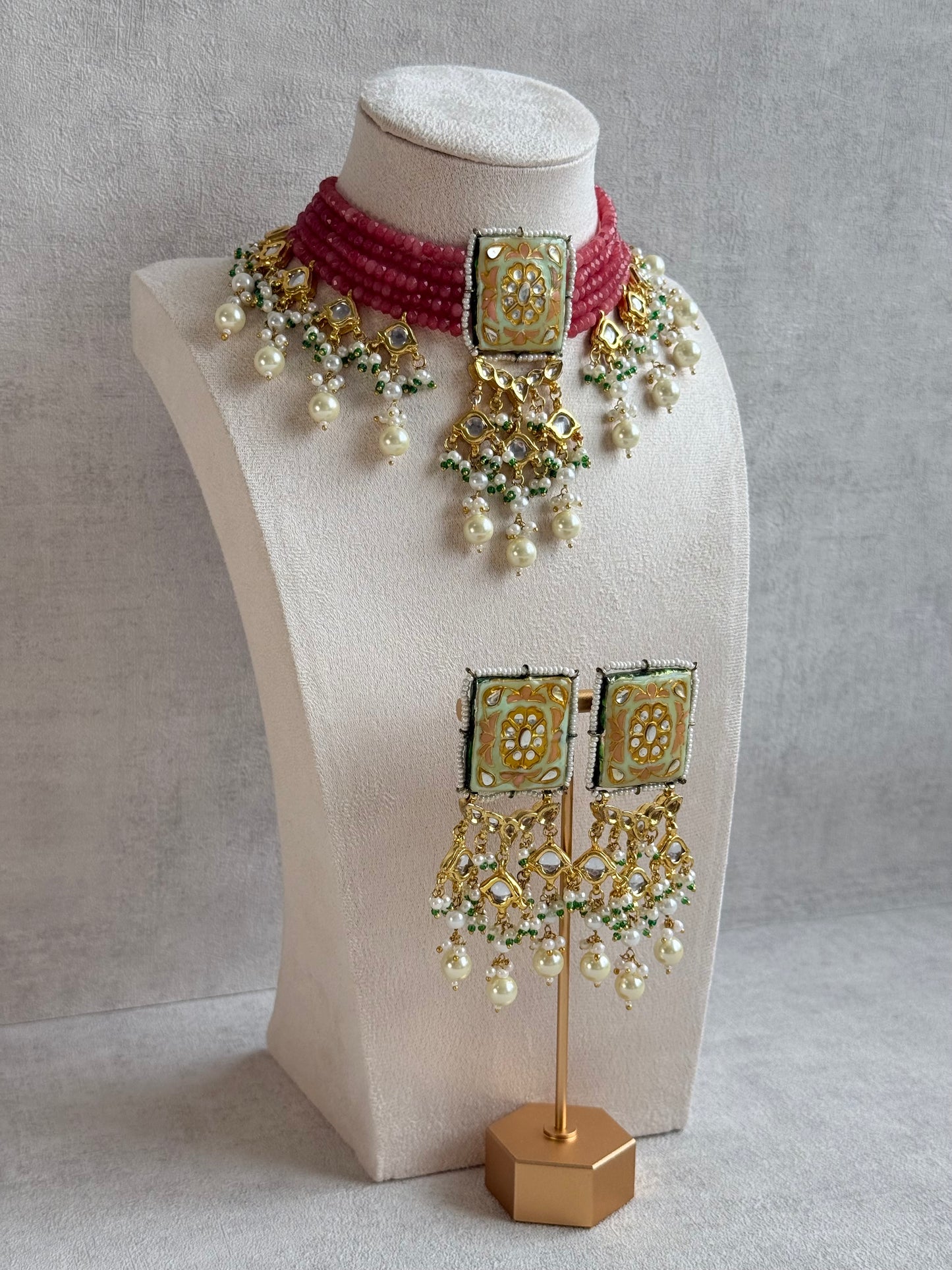 Ayura Designs Sabeera Meenakari Kundan Choker Set with Earrings – Blush Pink Beads & Pearl Detailing