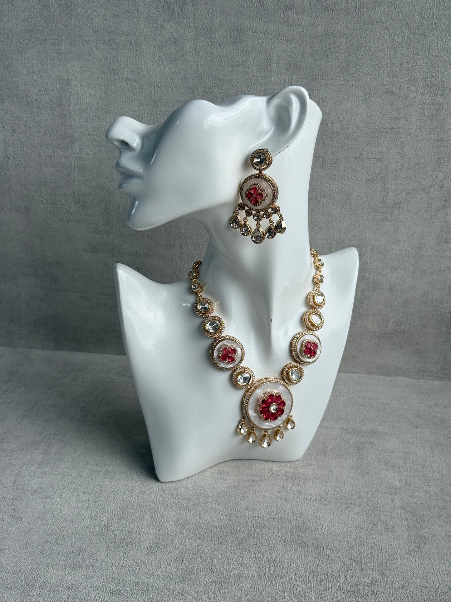 Ayura Designs Wisah Set – Necklace & Earrings with Mother of Pearl, Ruby Pink Stones & Mirror-Cut Detailing