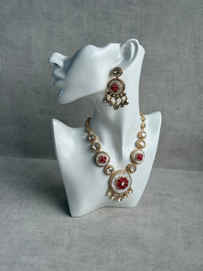 Ayura Designs Wisah Set – Necklace & Earrings with Mother of Pearl, Ruby Pink Stones & Mirror-Cut Detailing
