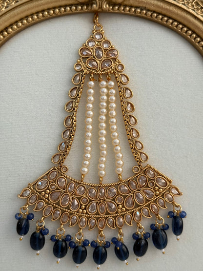 Ayura Designs Ramzi Jhoomar Passa – Antique Gold with Kundan Detailing, Pearl Strands & Ink Blue Drops