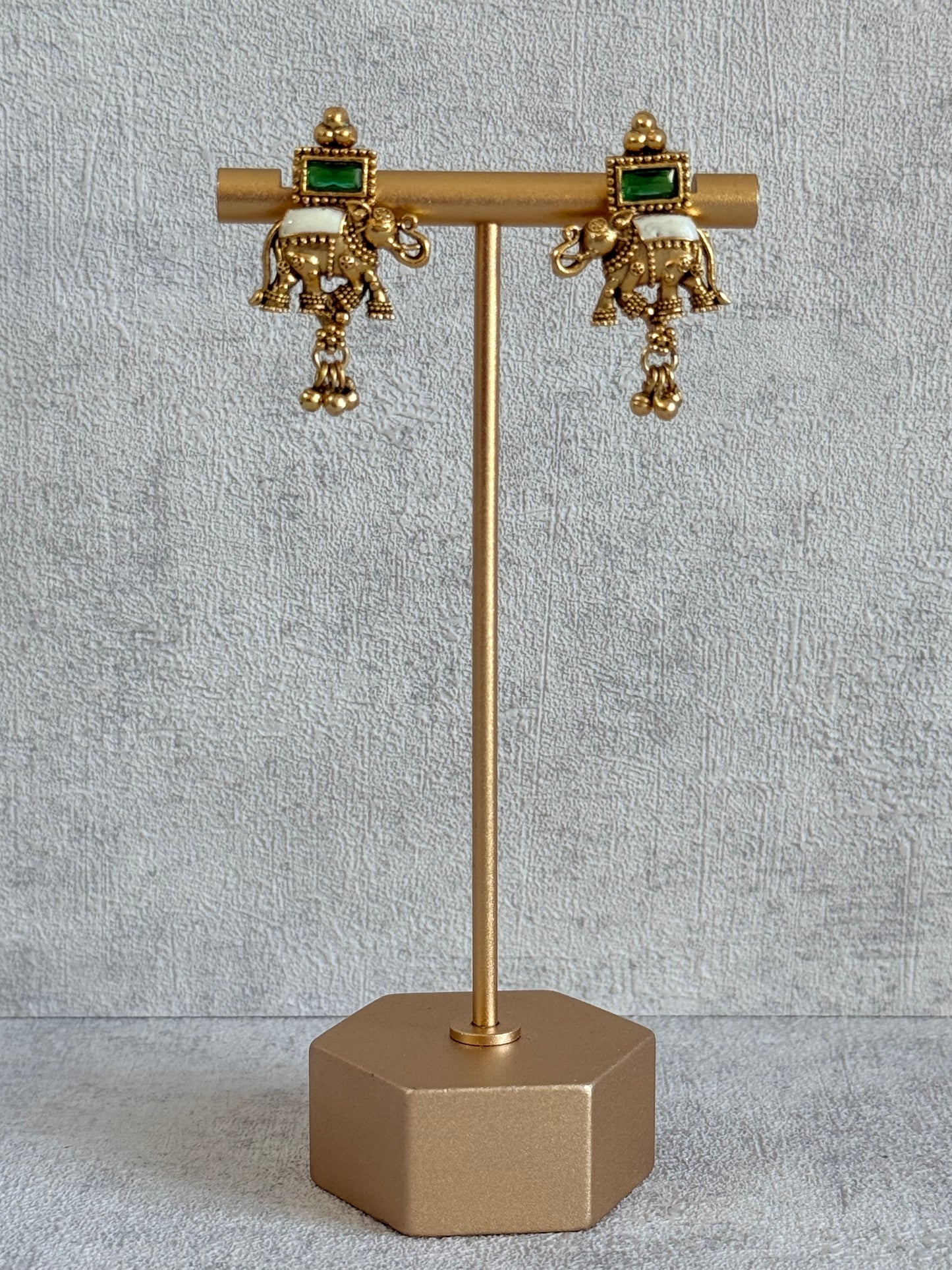 Ayura Designs Ruva Necklace Set with Earrings – Gold Finish, Emerald Green Stones, Ivory Detailing & Elephant Motifs