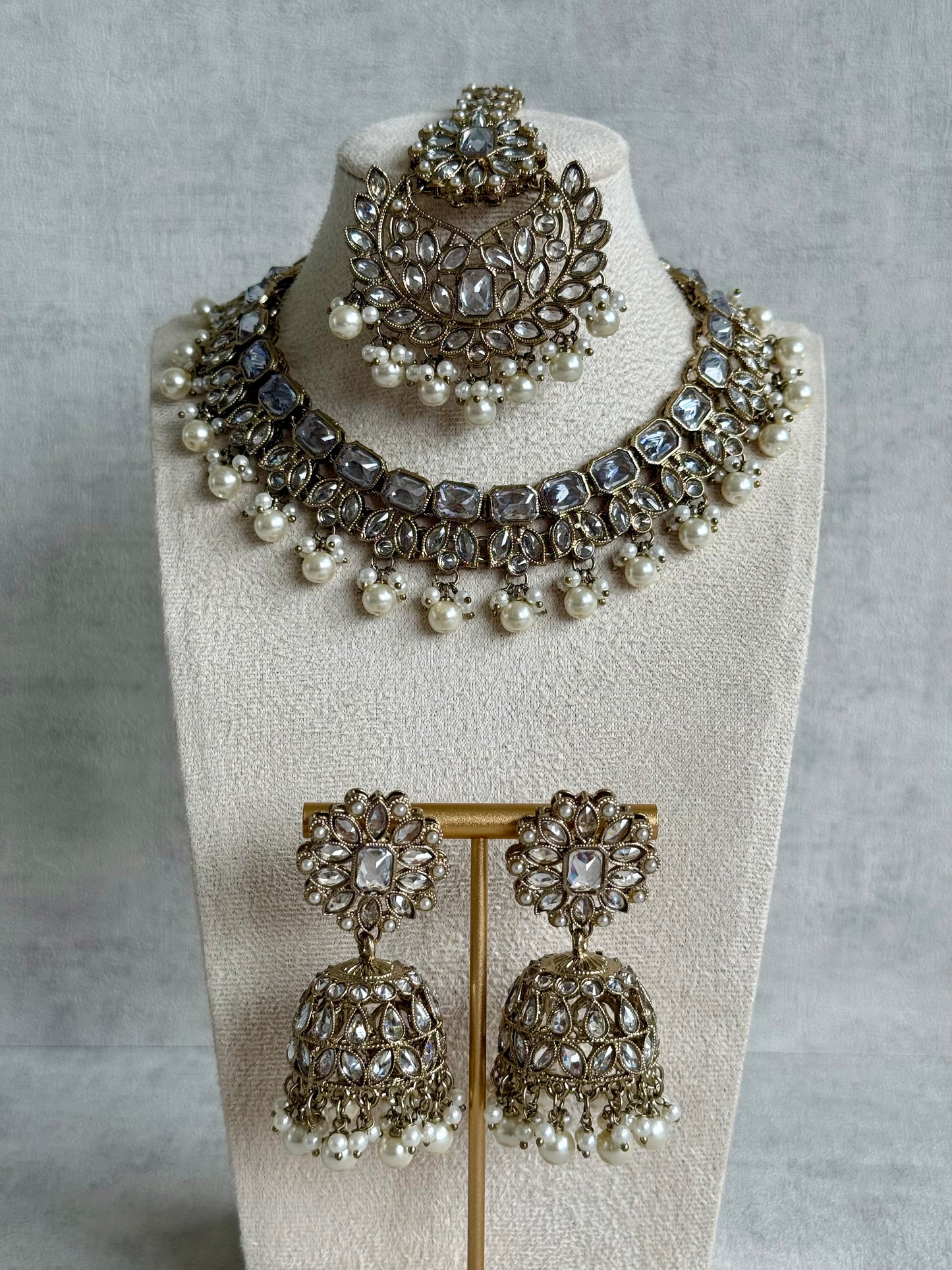 Ayura Designs Sufia Set – Antique Gold Necklace, Mirror-Cut Stones, Jhumkis & Tikka with Pearl Detailing