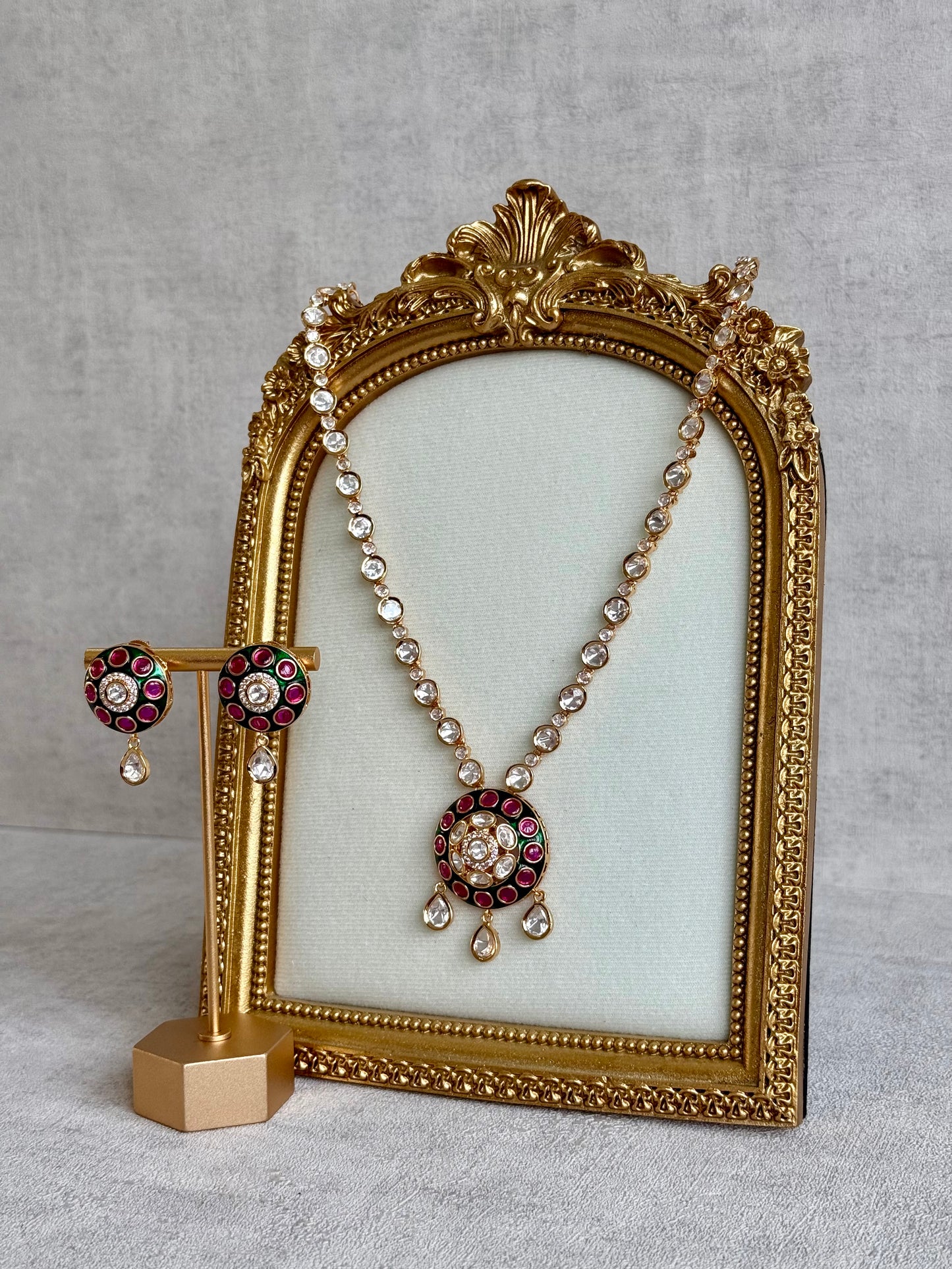 Ayura Designs Jiya Set with Earrings – Round Motif, Pink & Green Meenakari with Crystal Detailing