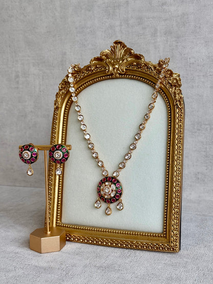 Ayura Designs Jiya Set with Earrings – Round Motif, Pink & Green Meenakari with Crystal Detailing