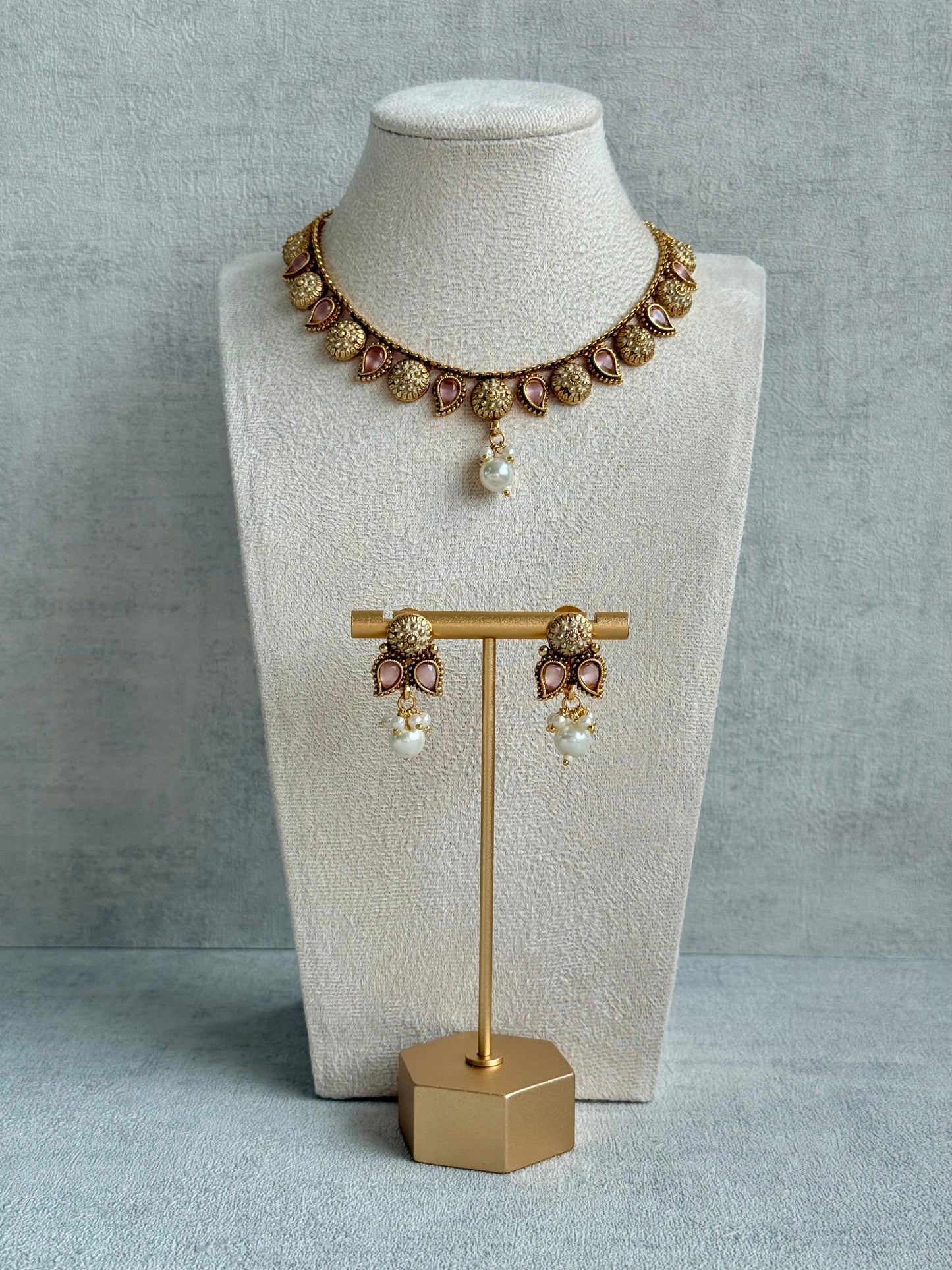 Ayura Designs Mayura Necklace Set with Earrings – Antique Gold Meenakari Motifs with Pearl Drop & Blush Pink Stones