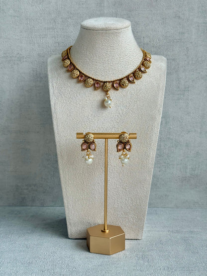 Ayura Designs Mayura Necklace Set with Earrings – Antique Gold Meenakari Motifs with Pearl Drop & Blush Pink Stones