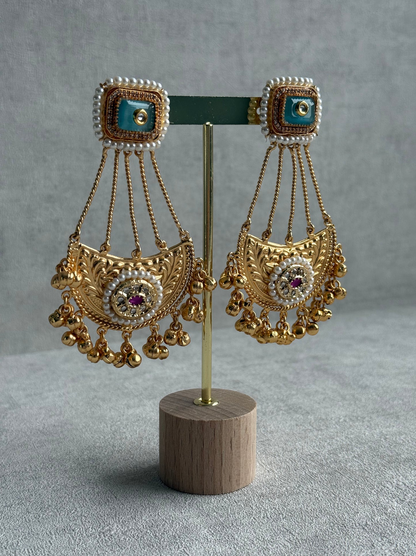 Ayura Designs Jheel Earrings – Turquoise Half-Moon Drops with Pearl Edging & Golden Ghungroos