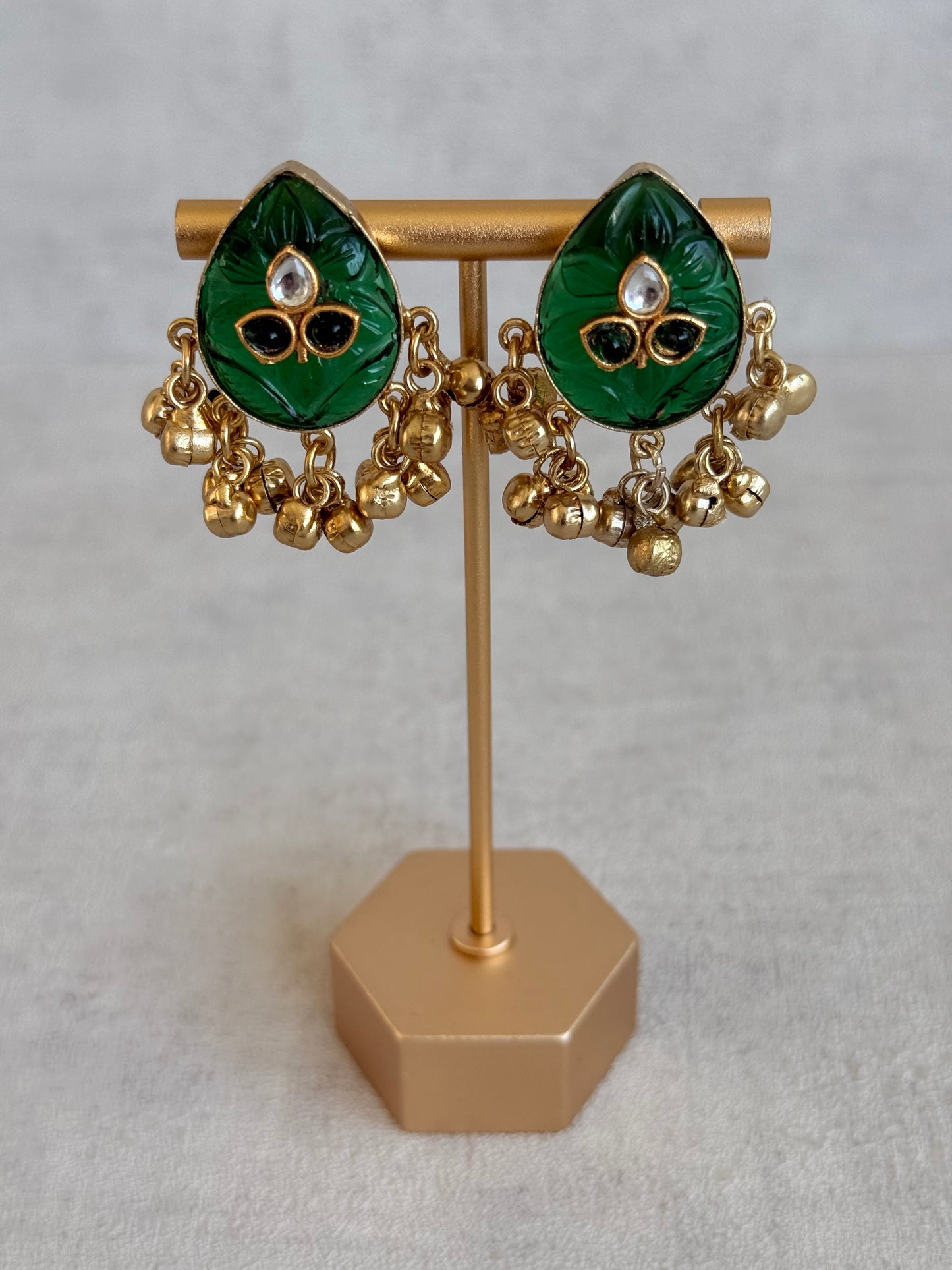 Ayura Designs Aykai Earrings – Emerald Green Carved Teardrop Stud Earrings with Clear Kundan Stones and Gold Ghungroo Drops