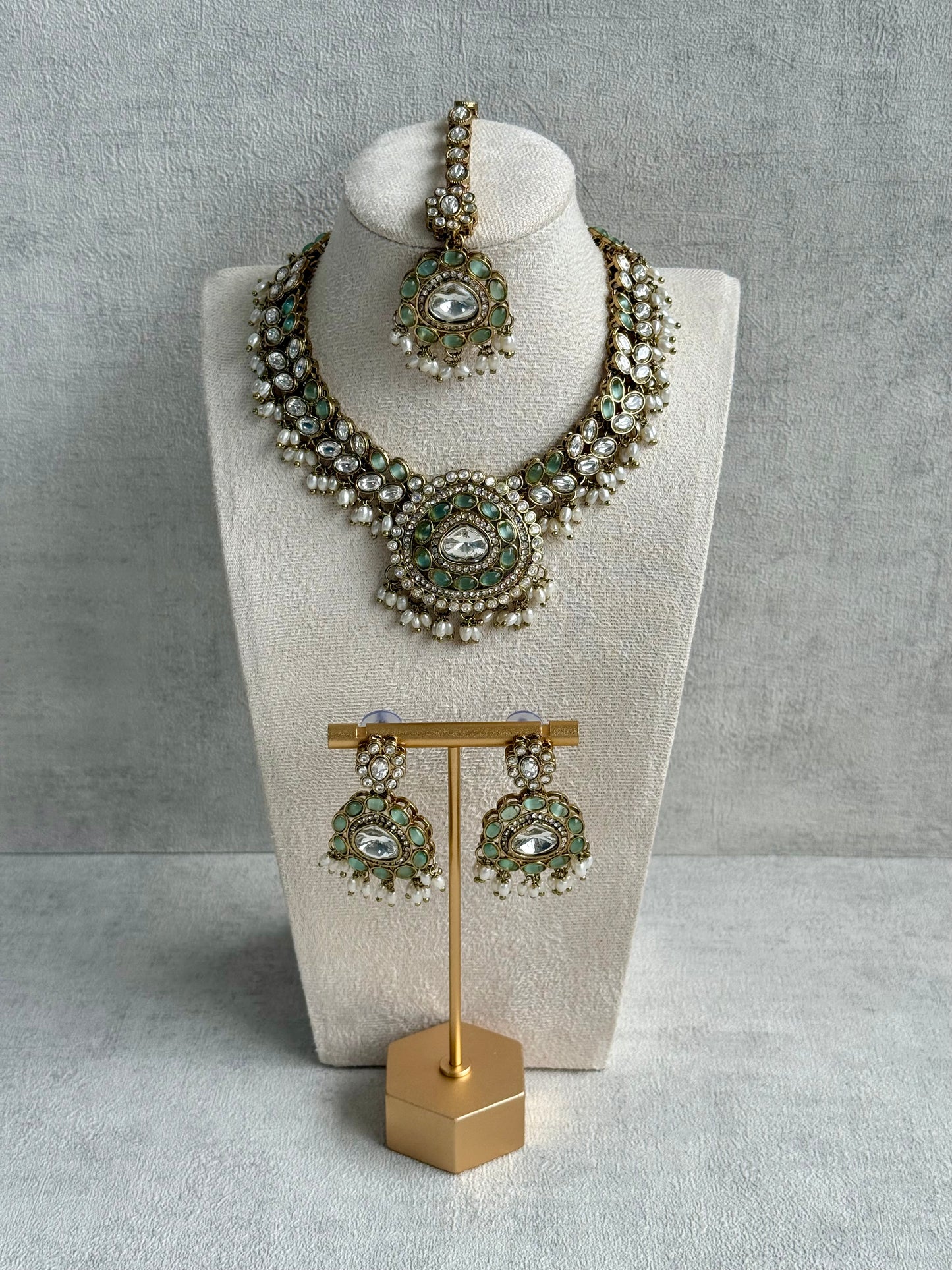 Ayura Designs Warda Set with Earrings & Tikka – Pistachio Green Ovals, Mirror-Cut Stones & Ivory Pearls