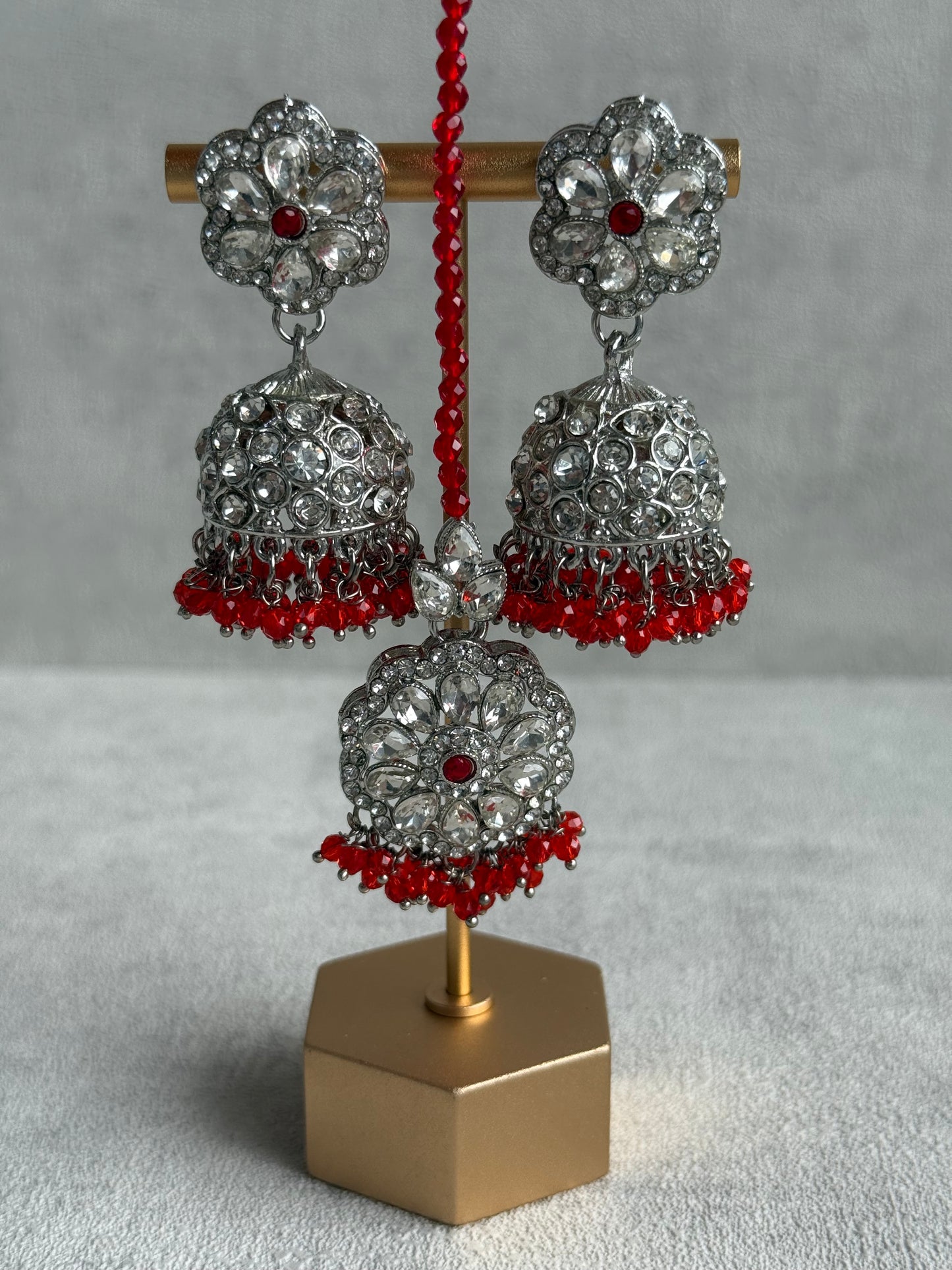 Ayura Designs Zarghuna Set with Jhumkis & Tikka – Orange Beads, Mirror-Cut Stones & Silver Finish