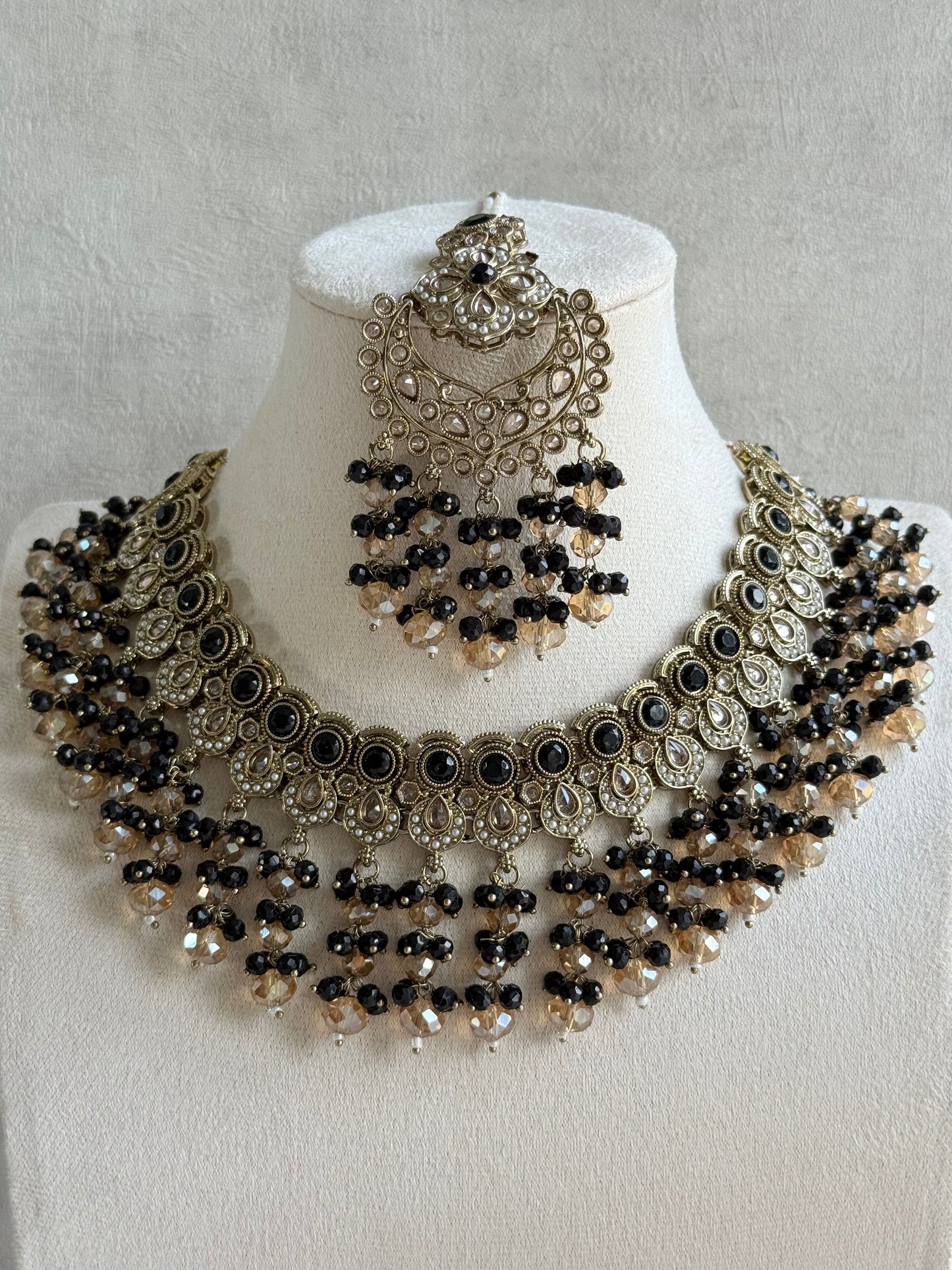 Ayura Designs Dilnaz Necklace Set with Earrings, Tikka & Passa – Black & Champagne Crystal Beads & Antique Gold Finish