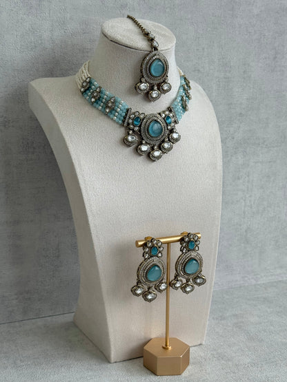 Ayura Designs Rahi Necklace Set with Earrings & Tikka – Aqua Blue Stones with Mirror-Cut Detailing & Pearl Strands