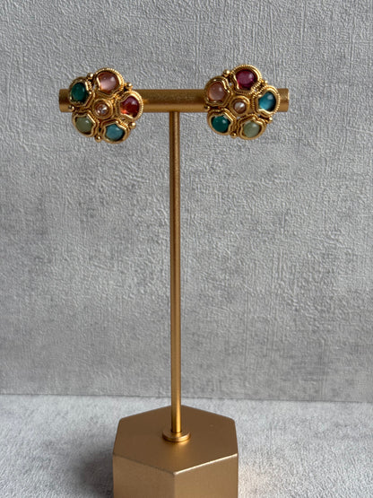 Ayura Designs Amala Set with Necklace, Studs & Tikka – Multicolour Stones & Antique Gold Finish