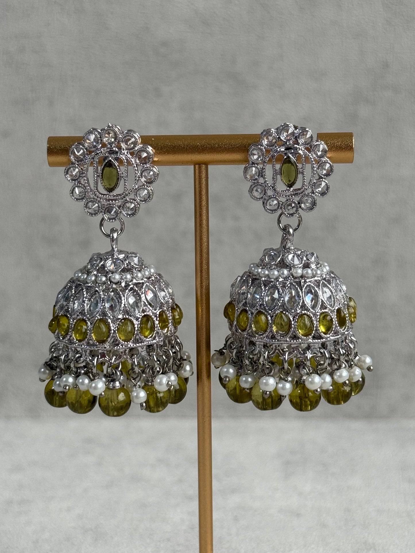 Ayura Designs Rayal Set – Silver Necklace, Jhumkis & Tikka with Olive Green Stones & Pearl Detailing