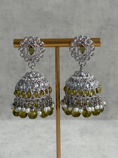 Ayura Designs Rayal Set – Silver Necklace, Jhumkis & Tikka with Olive Green Stones & Pearl Detailing