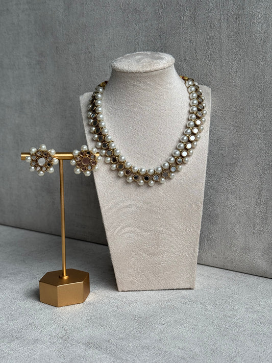 Ayura Designs Hala Set with Studs – Mixed Mirror Work & Pearls in Gold Finish
