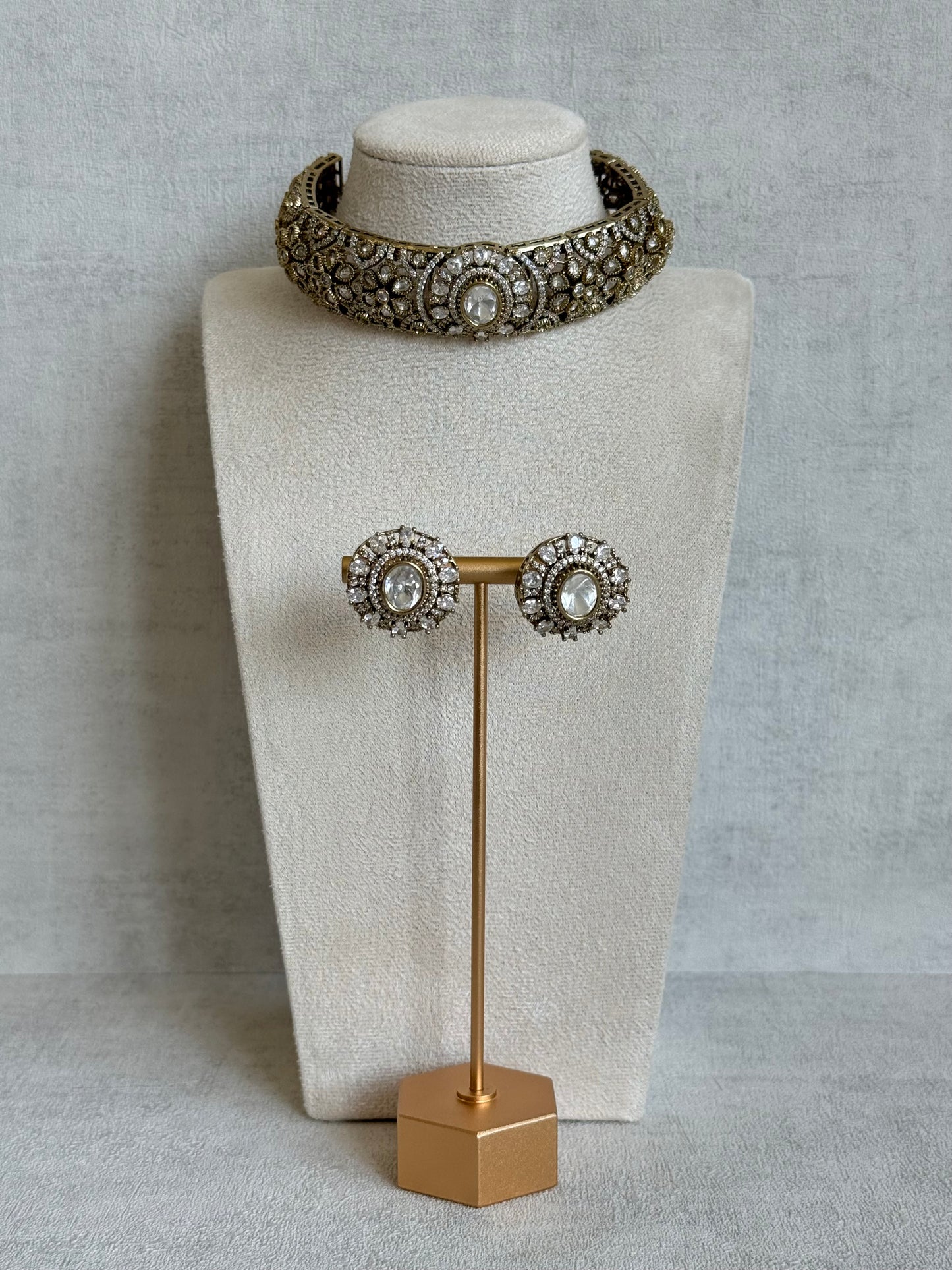 Ayura Designs Genevieve Choker Set with Studs – Crystal Kundan in Antique Gold