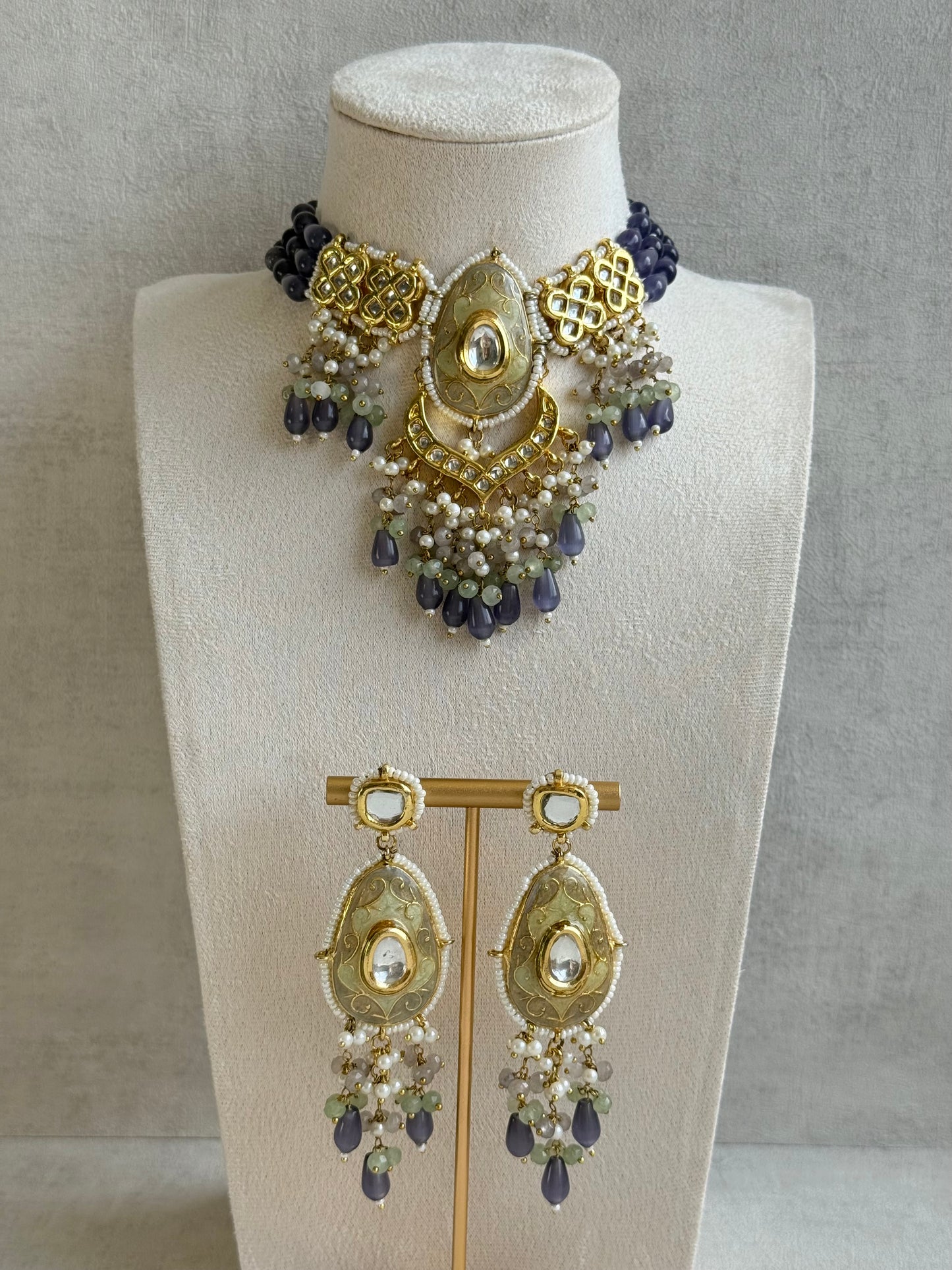 Ayura Designs Zarwali Meenakari Kundan Choker Set with Earrings – Dusty Lavender & Pearl Bead Detailing