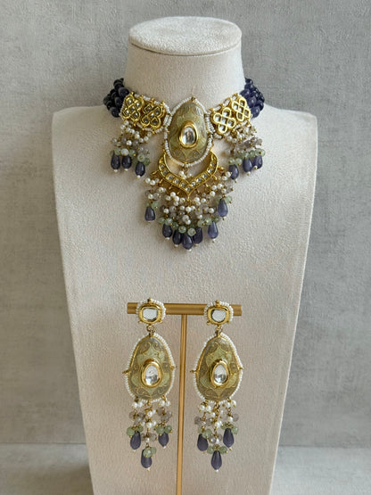Ayura Designs Zarwali Meenakari Kundan Choker Set with Earrings – Dusty Lavender & Pearl Bead Detailing