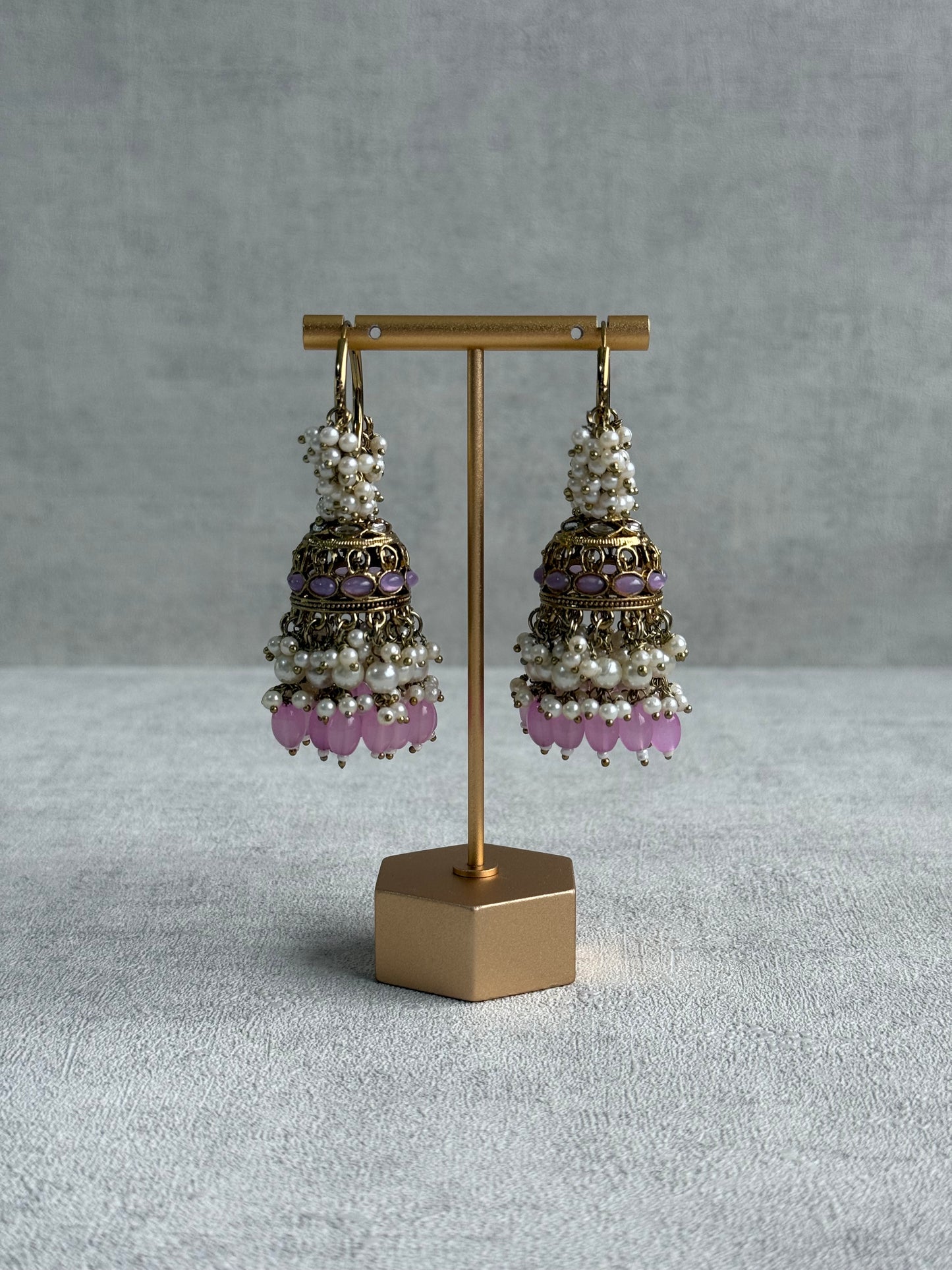 Ayura Designs Jugni Jhumkis – Antique Gold Balis with Lavender Beads & Pearl Clusters