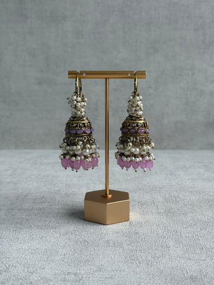 Ayura Designs Jugni Jhumkis – Antique Gold Balis with Lavender Beads & Pearl Clusters
