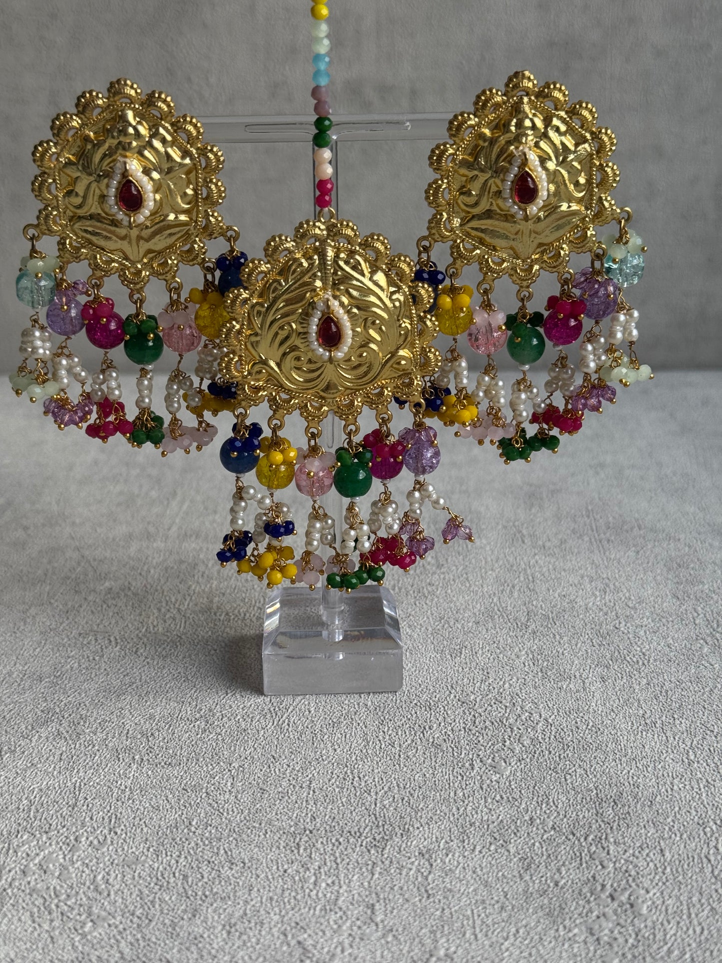 Ayura Designs Rangoli Tikka Set with Earrings – Antique Gold Finish, Multicolour Beads & Pearl Detailing