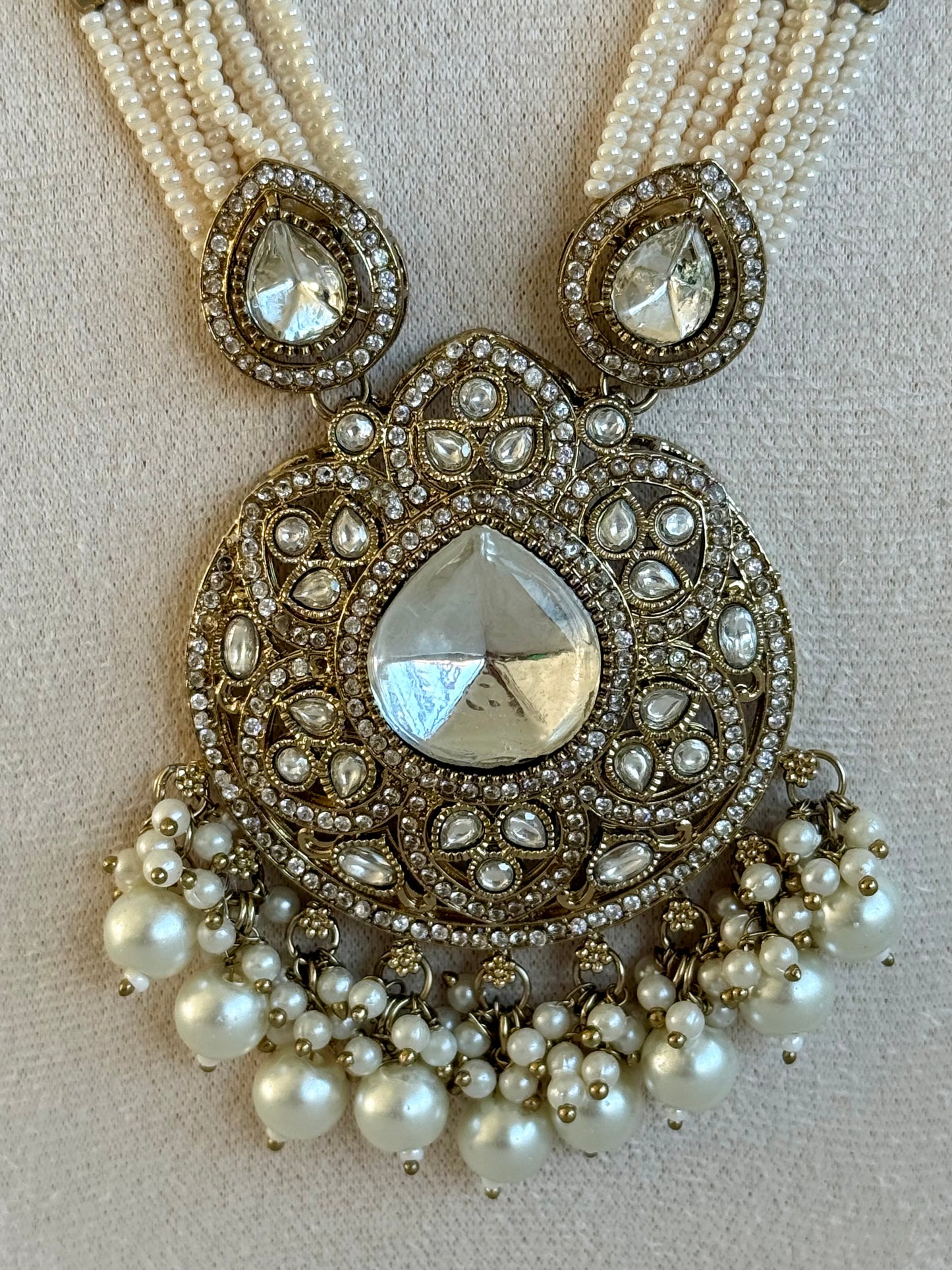 Ayura Designs Brielle Set – Necklace & Jhumkis with Mirror-Cut Stones & Ivory Pearls