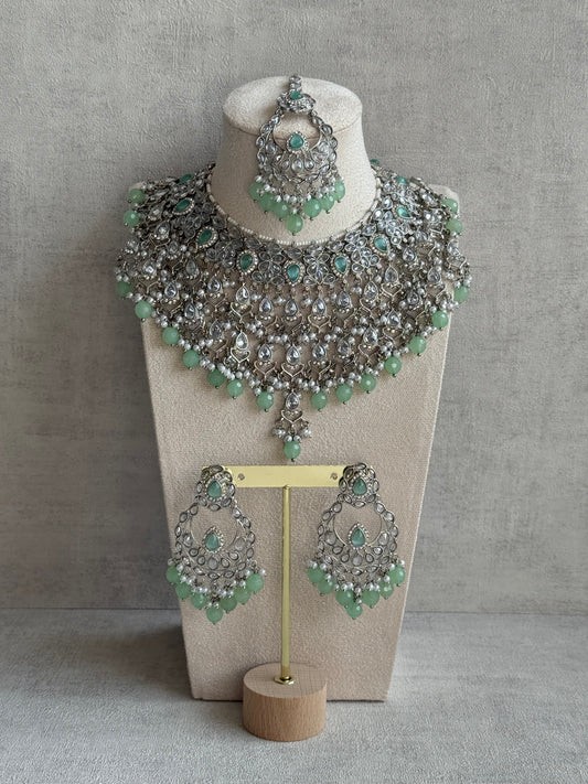 Ayura Designs Eknoor Set – Necklace, Tikka & Earrings with Pistachio Green Beads, Pearls and Silver Finish